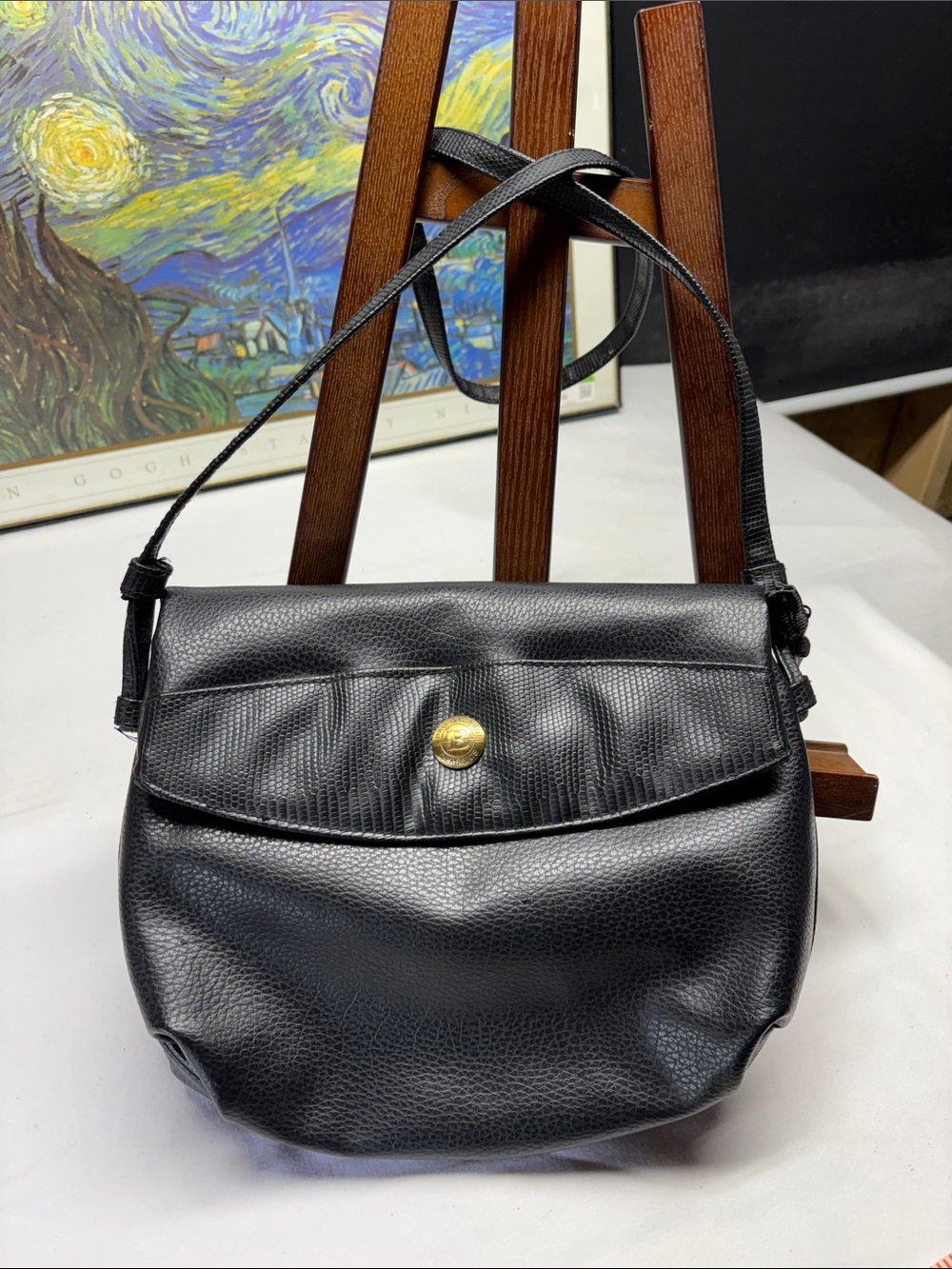 Bag Bazaar Clasics black Textured Leather Crossbody Bag with Gold Button Detail